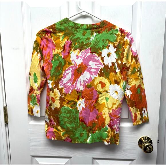 Talbots Floral Cotton Knit Cardigan, 3/4 Sleeves, Pink Orange, Women's Size MP - Picture 1 of 3